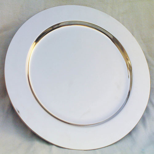 VM Handicraft Silver Mirror Polished Stainless Steel Charger Plate, Size : 12 Inch, Pattern : Round